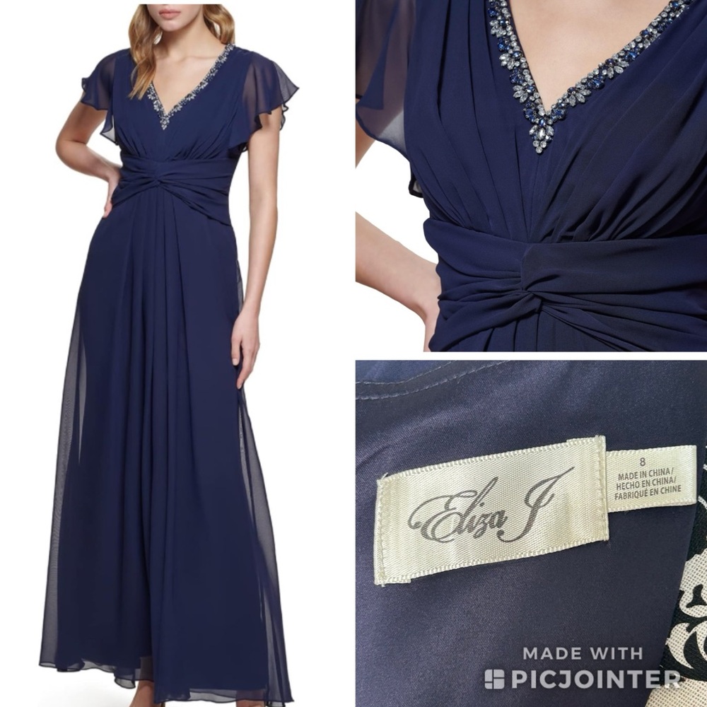 Eliza J Navy Sz 8 Gown Twist Waist Chiffon Flutter Sleeve Beaded Vneck Dress